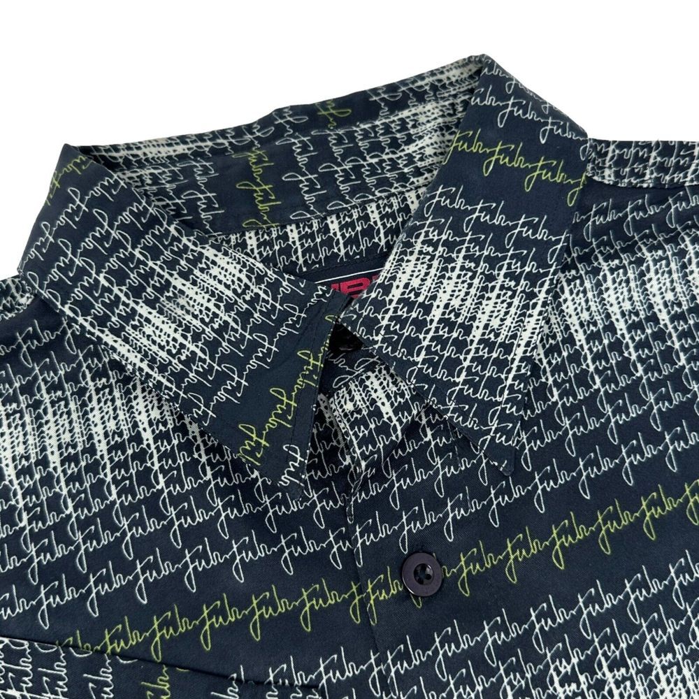 FUBU Vintage Black Grey Green Logo Pattern Short Sleeve Button Up Shirt‎ Size XL